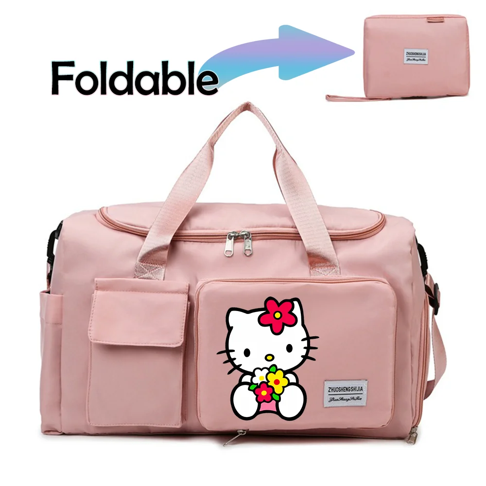 Hello Kitty Cartoon Travel Bag Large Capacity Storage Shoulder Bags Gym Duffle Pack with Shoe Compartment Portable HandBag