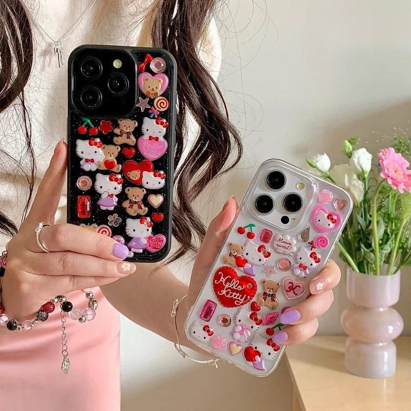 3D Cute Cartoon Y2K Hello Kitty Sticker Bling Glitter Phone Case For iPhone 16 15 14 13 12 11 Pro Max Transparent Cover