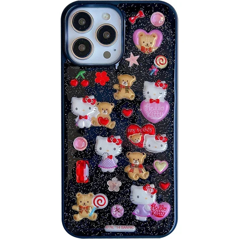 3D Cute Cartoon Y2K Hello Kitty Sticker Bling Glitter Phone Case For iPhone 16 15 14 13 12 11 Pro Max Shockproof Cover