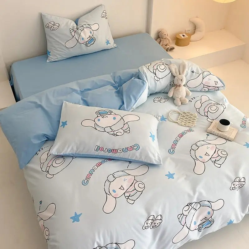 Kawaii Soft Bedding Kuromi Cinnamoroll Cartoon Cotton Student Home four-piece set Bed Sheet Quilt Cover Bed Accessories