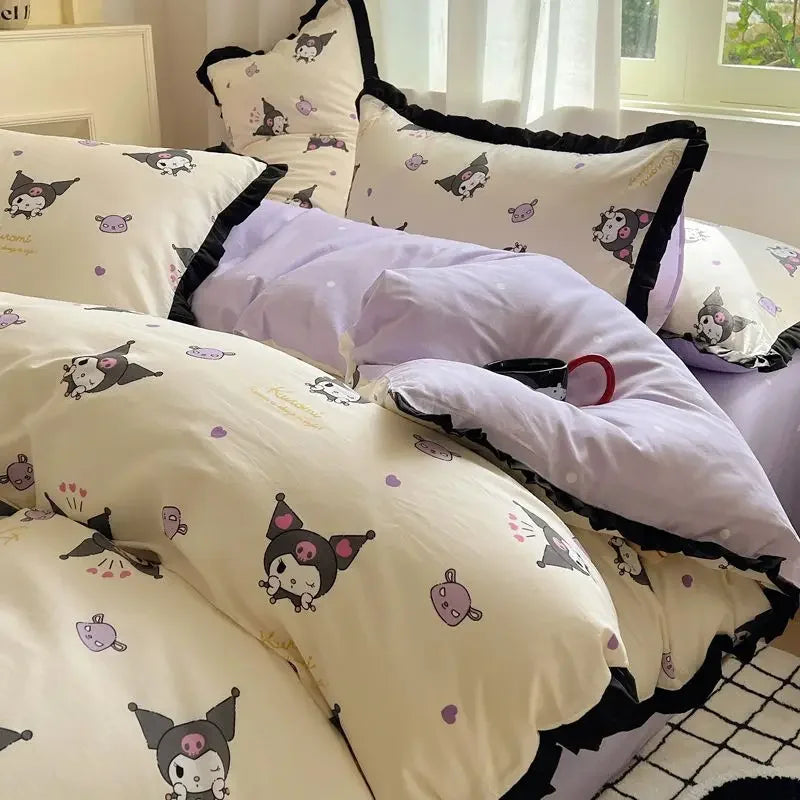 Hello Kitty Cinnamoroll My melody Kuromi new cute cartoon active printing pure cotton edge quilt cover bed sheet three-piece set