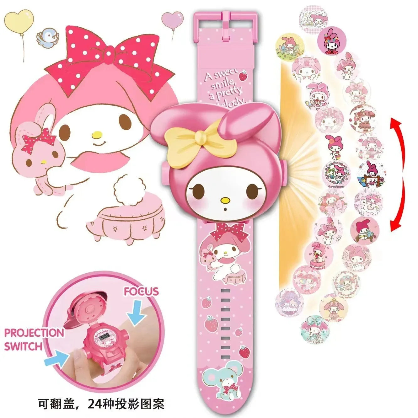 Hello Kitty Toys Set 3D Projection Digital Watch Cinnamoroll Kuromi Melody Anime Action Figures Model Toy Kid Gift