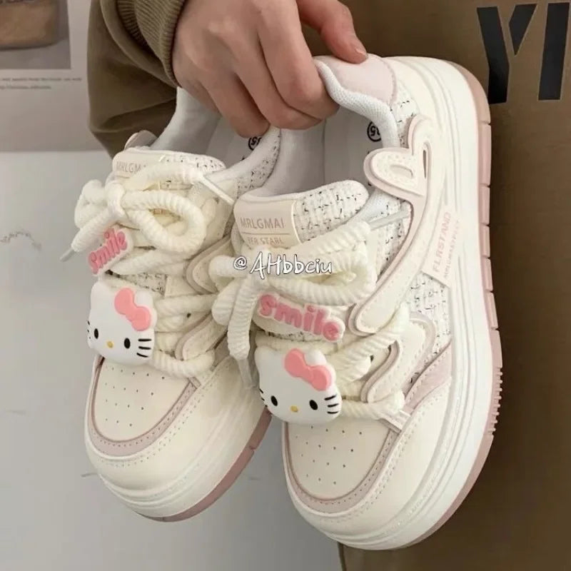 Hello Kitty Soft Girl Cute Big Head Off White Shoes Y2K Platform Sneakers Versatile Skateboard Shoes for Women 2024 New