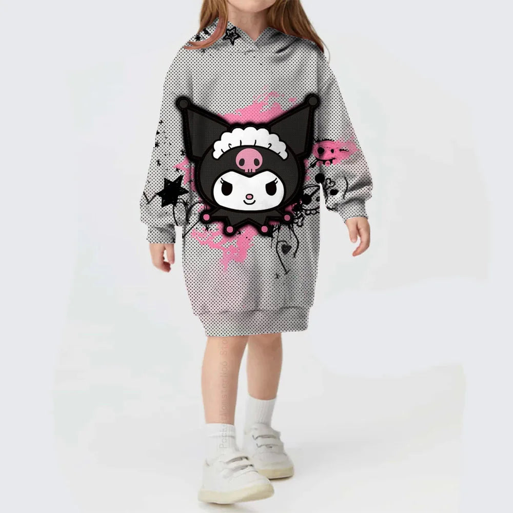 Autumn/winter Children's Hello Kitty Kuromi print Sweater Clothes Suit Hooded Solid Color Fashion Sweater Dress Comfortable