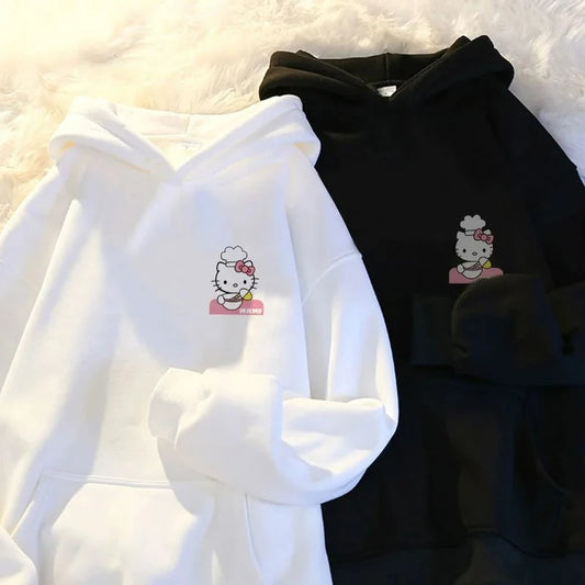 Y2K Women's Sweatshirt Cute Kawaii Hello Kitty Pattern Hoodie Women's Korean Style Autumn and Winter New Warm Loose Top