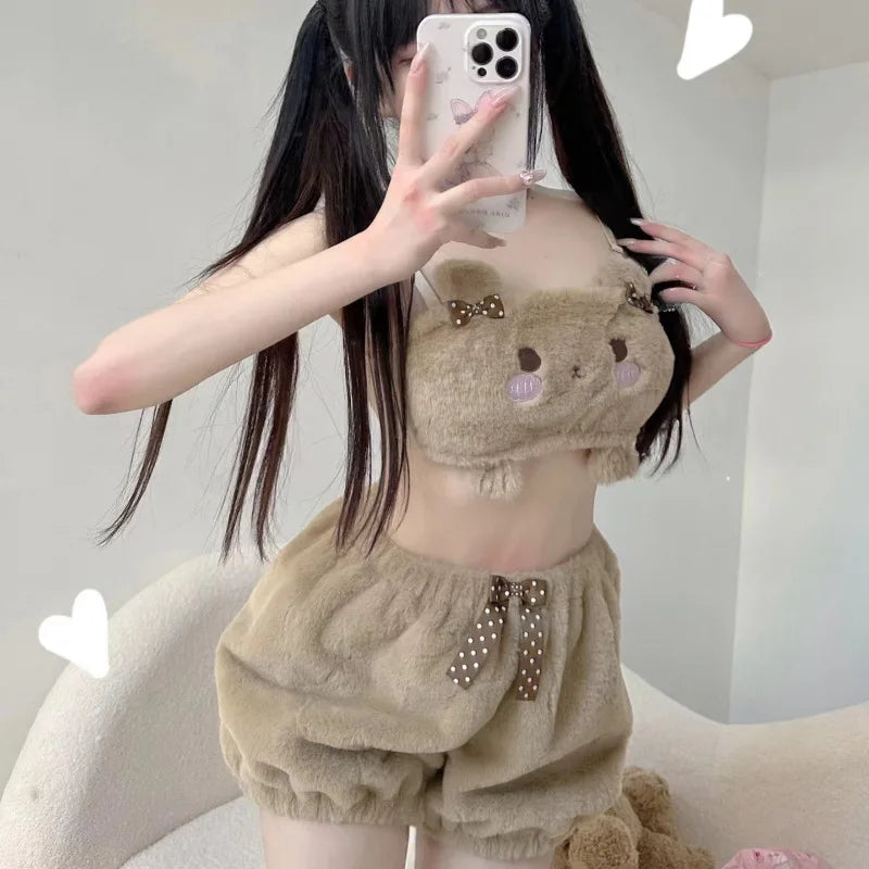 Kawaii Anime Kuromi Pajamas My Melody Pompom Purin Hello Kitty Winter Warm Plush Tube Top Priming Loungewear Suit Holiday Gifts