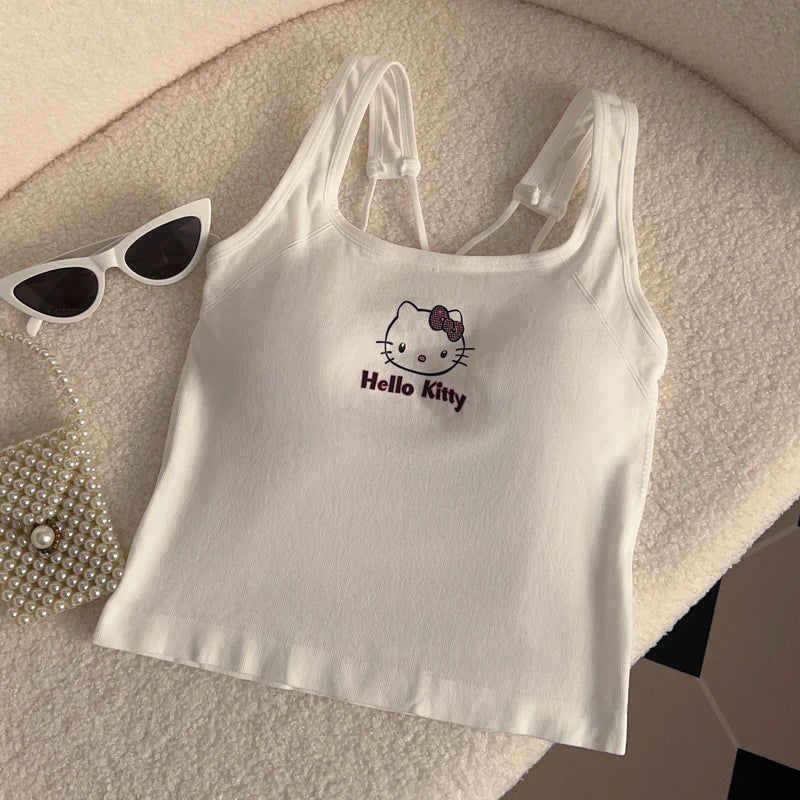 Sanrio HelloKitty Fashion Clothing  Y2K Top with Breast Pad Cute Top Girl Summer Cool Cropped Top White Sexy Suspender Girl Gift