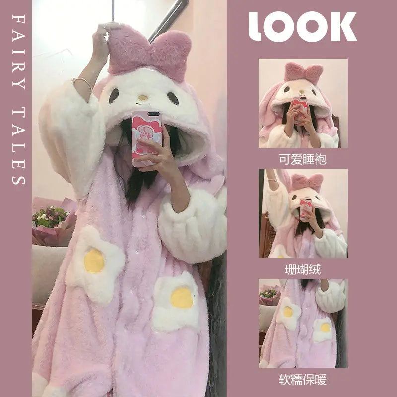 Pajamas Anime My Melody Hooded Nightgown Pants Girl Plus Velvet Nightgown Loose Thicken Child Pajamas Wholesale Tracksuit