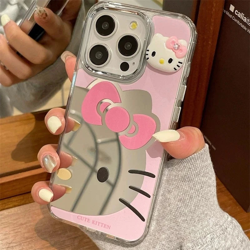 Cute Cartoon Bow Hello Kitty Luxury Make Up Mirror Phone Cover For iPhone 12 13 14 15 16 Pro Max Pink Kitty Lovely Back Cover