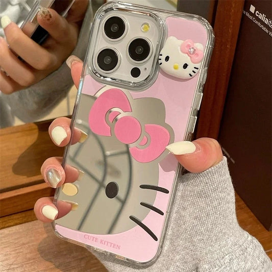 Cute Cartoon Bow Hello Kitty Luxury Make Up Mirror Phone Cover For iPhone 12 13 14 15 16 Pro Max Pink Kitty Lovely Back Cover