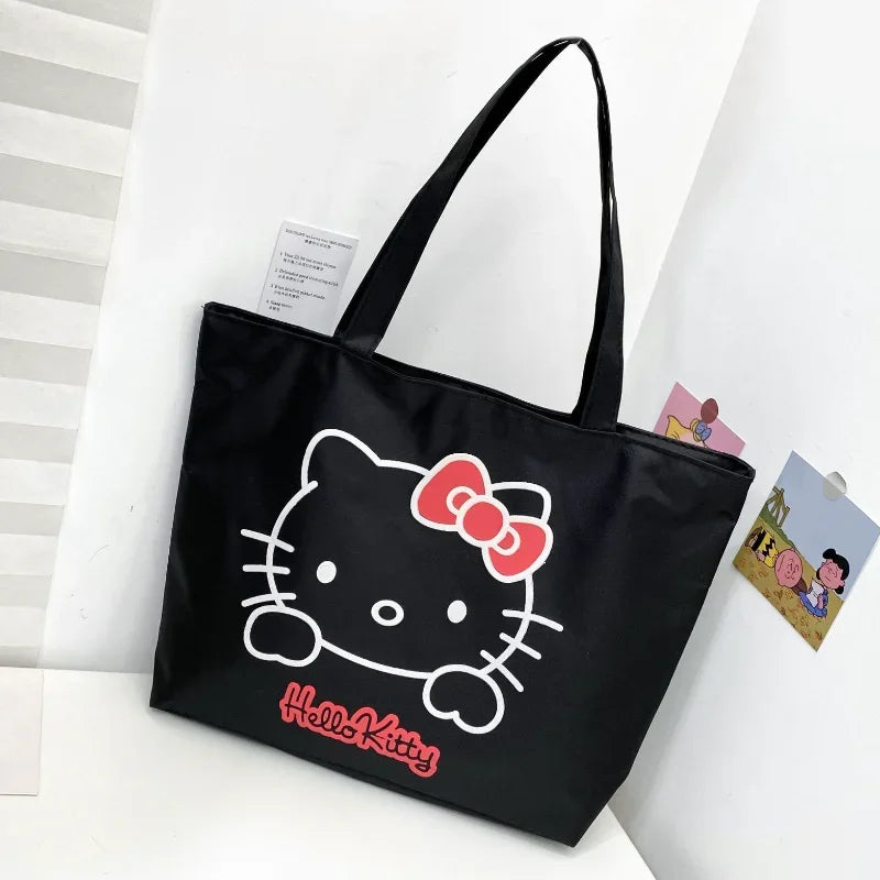 Hello Kitty Tote Bag Cartoon Shoulder Bags Large Capacity Canvas Bags Student Book Storage Zipper Handbag Girl Beach Bag