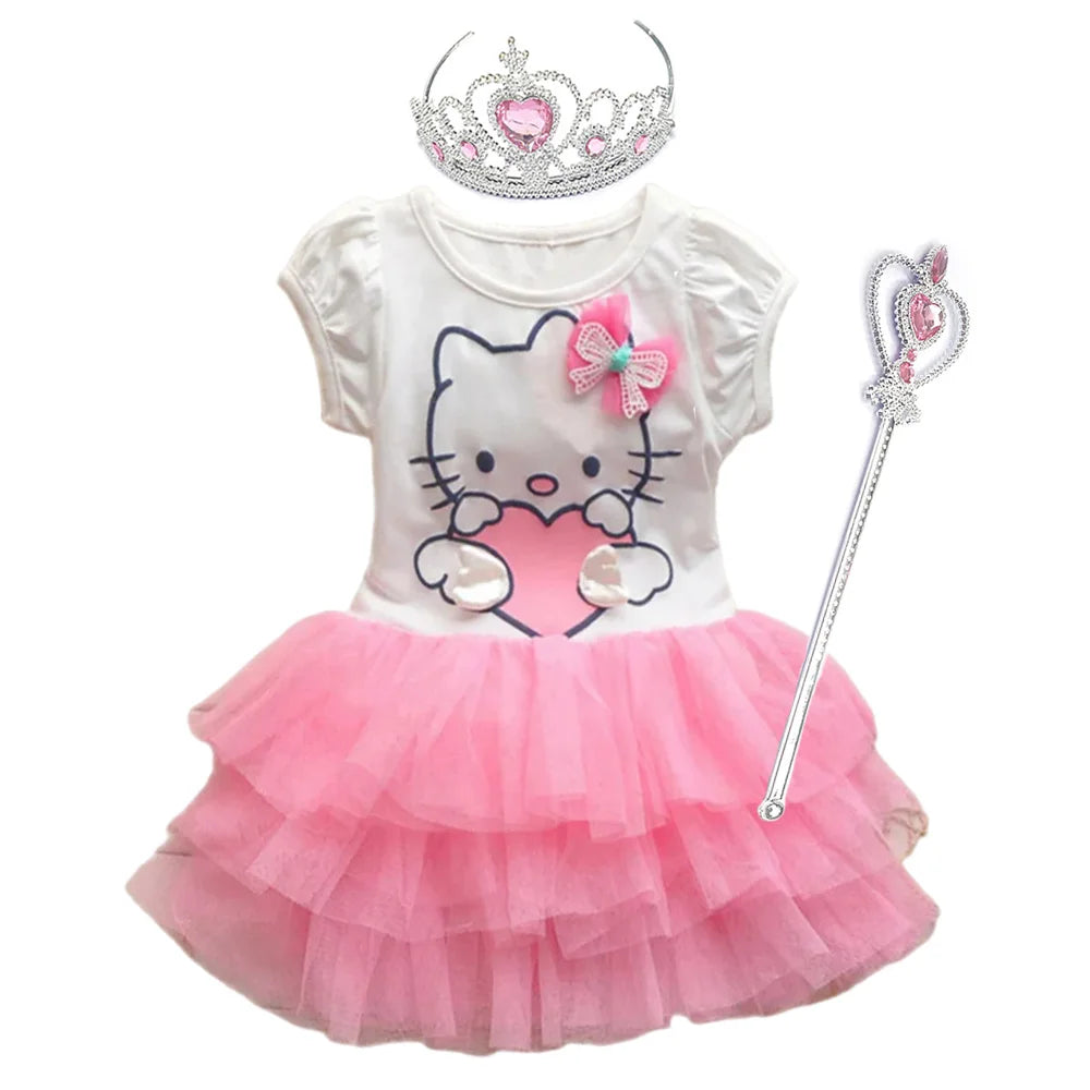 Children Clothing Hello Kitty Princess Dresses For Girls Summer Short Sleeved Mesh Dress Carnival Party Prom Gown Outfits