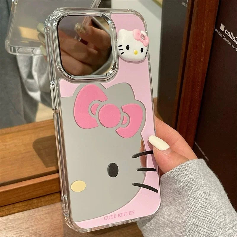 Cute Cartoon Bow Hello Kitty Luxury Make Up Mirror Phone Cover For iPhone 12 13 14 15 16 Pro Max Pink Kitty Lovely Back Cover