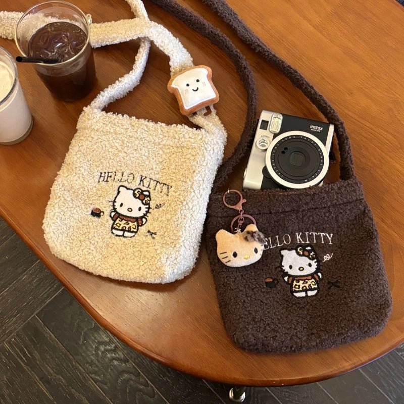 Hello Kitty Womens Shoulder Bag Small Soft Cute Cartoon Korean Popular Bag Plush Embroidery Kawaii Female Crossbody Bag