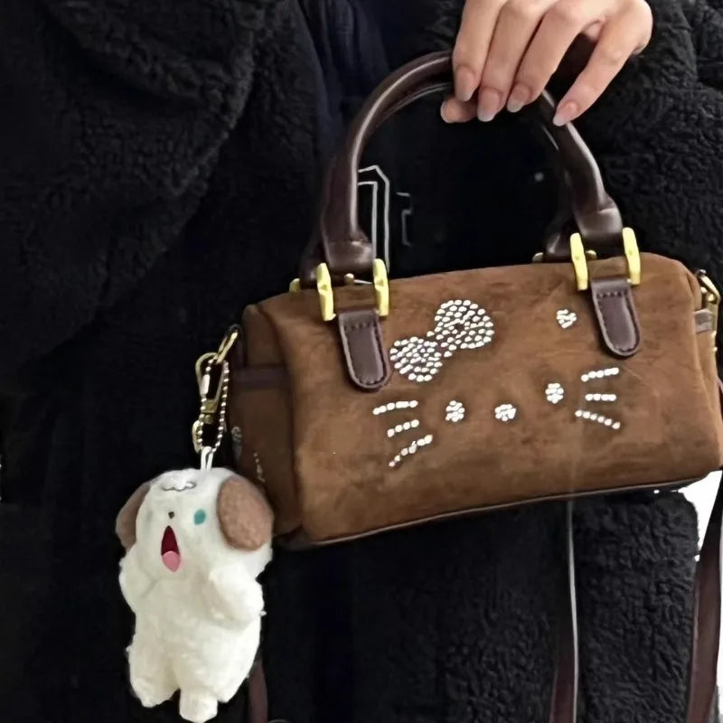 Y2k Hello Kitty Shoulder Bag for Women Vintage Cute Brown Barrel-shaped Handbag Fashion Kawaii New Female Aesthetic Bags