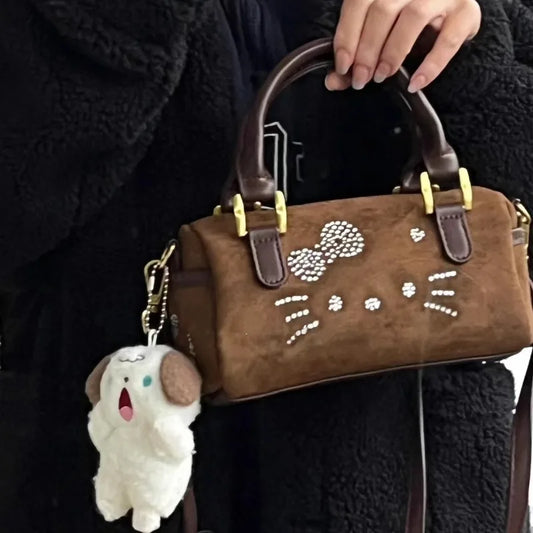 Y2k Hello Kitty Shoulder Bag for Women Vintage Cute Brown Barrel-shaped Handbag Fashion Kawaii New Female Aesthetic Bags