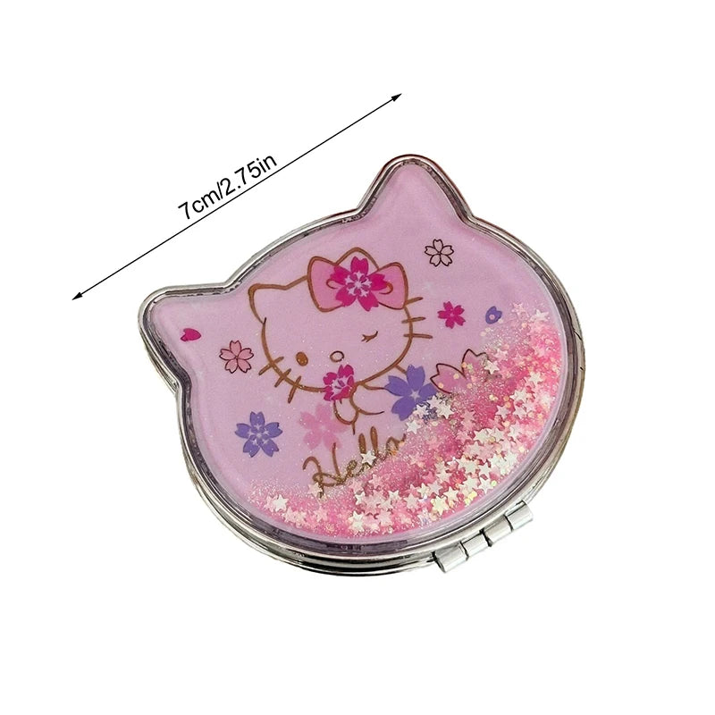 Kawaii Hello Kitty Double-Sided Makeup Mirror Portable Quicksand Sequins Cartoon Girl Gift Pocket Double-Sided Makeup Mirror