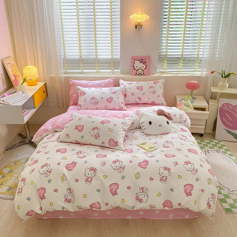 Hello Kitty 4Pcs/set Kawaii Anime Cartoon Bedding Quilt Cover Student Bedding Soft Microfiber Bedspread Lightweight Coverlet