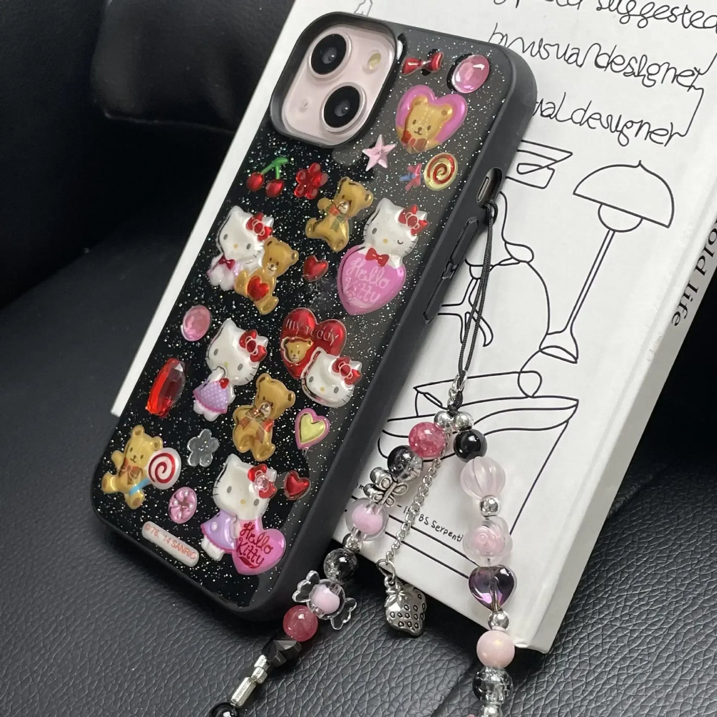 3D Cute Cartoon Y2K Hello Kitty Sticker Bling Glitter Phone Case For iPhone 16 15 14 13 12 11 Pro Max Shockproof Cover