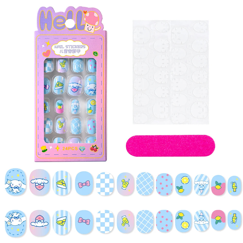 24Pcs Cartoon Hello Kitty Press on Nails Sanrio Series Pink/Blue/Purple Kuromi Kawaii Fake Nail for 6 years+ School Girl