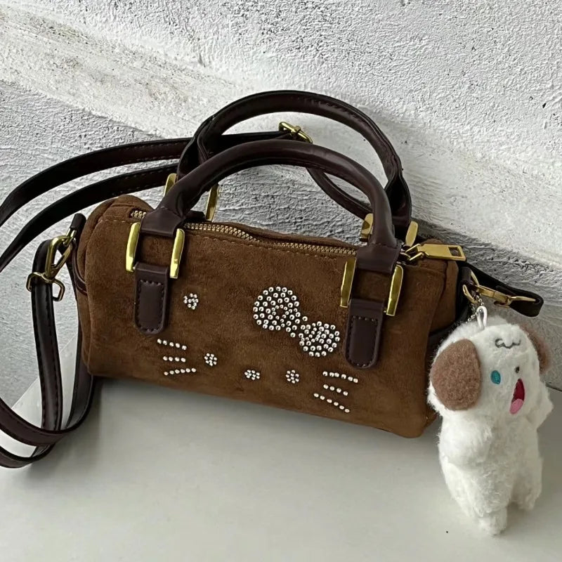 Y2k Hello Kitty Shoulder Bag for Women Vintage Cute Brown Barrel-shaped Handbag Fashion Kawaii New Female Aesthetic Bags