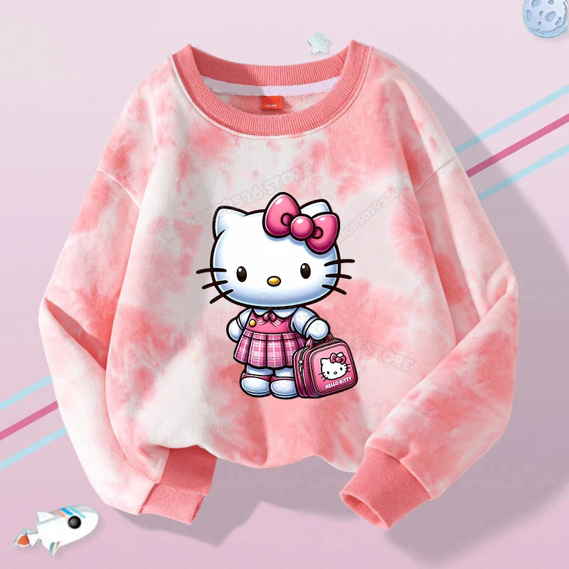 Hello Kitty Kuromi Cute Print Sweatshirts Girl Clothes Autumn Trend Tie Dyed Round Neck Pattern Children Pullover Long Sleeves