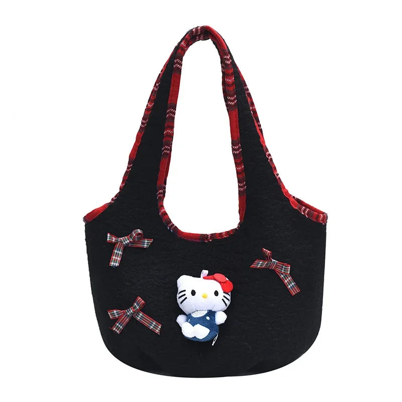 Handheld Hello Kitty Cartoon Bucket Bag for Girls Retro Fashion Trendy Lamb Wool Single Shoulder 2024 Winter New Style Premium