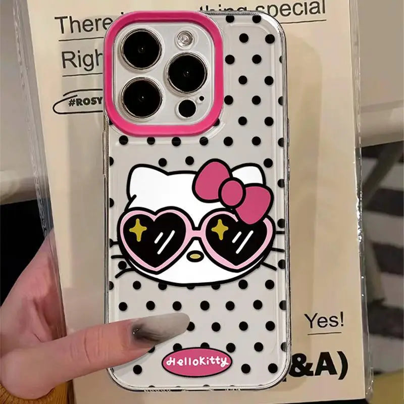 New Hello Kitty Full Screen KT Phone Case For iPhone 16 15 14 13 12 11 ProMax XR XS MAX 7 8Plus Y2K Cool Sunglasses Cover